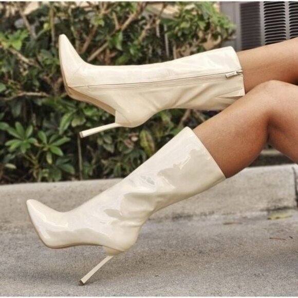 Women Mid Calf Square Toe Heel Boot Off White Color - Picture 2 of 5